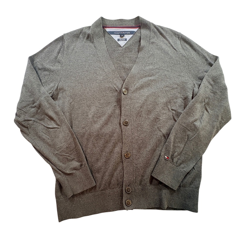 Tommy Hilfiger Cardigan Sweater Mens Medium Gray Pima Cotton Button Up V-Neck